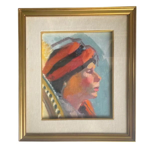 Red Framed Vintage Oil on Canvas Portrait of Woman Wearing a Scarf, Circa 1978 Signed For Sale - Image 8 of 10