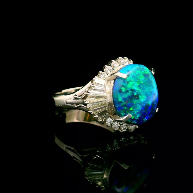 5.62 Carat Australian Black Opal Diamond Platinum Ballerina Ring, Size 6 For Sale - Image 4 of 5