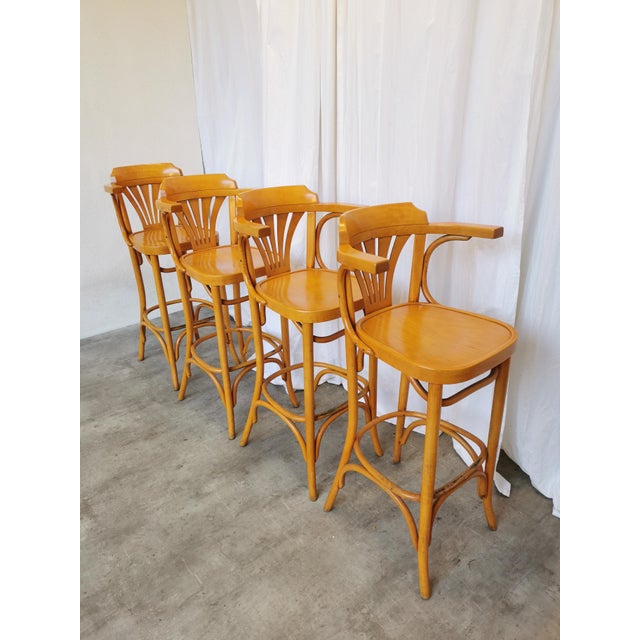 Vintage Bentwood High Pub Stools with Armrests, 1970s, Set of 4 For Sale - Image 15 of 18