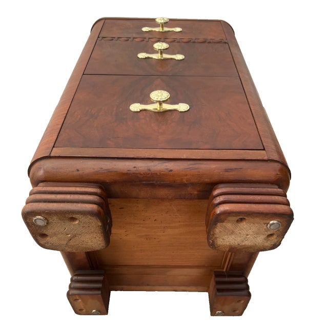 1920s Art Deco Side Table, Nightstand, Chest of Three Drawers, Walnut, Brass Pulls For Sale - Image 13 of 13