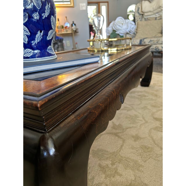 Brown Late 20th Century Postmodern Burlwood Ming-Style Coffee Table With Inset Smoked Glass For Sale - Image 8 of 10