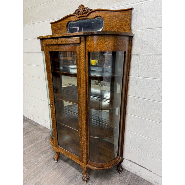 Antique Victorian Edwardian Quarter Sawn Tiger Oak Curved China Cabinet Curio For Sale - Image 4 of 10