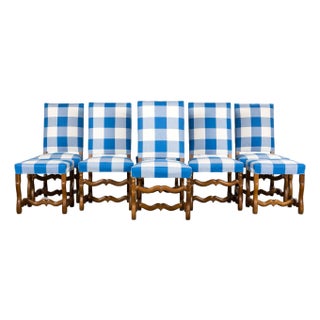 French Louis XIII Style Os De Mouton Walnut Dining Chairs W/ Tabourets in Blue Plaid - Set of 8 For Sale