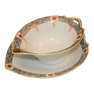 Early 20th Century T N Nippon Porcelain Oval Hand Painted Gravy Boat With Underplate