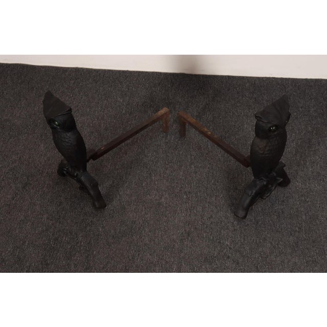 Vintage Cast Iron Perched Owl Andirons With Blue Green Glass Eyes For Sale In New York - Image 6 of 18