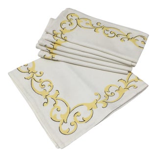 Vintage Napkins With Art Nouveau Print Design in Ivory, Yellow & Black - Set of 6 For Sale