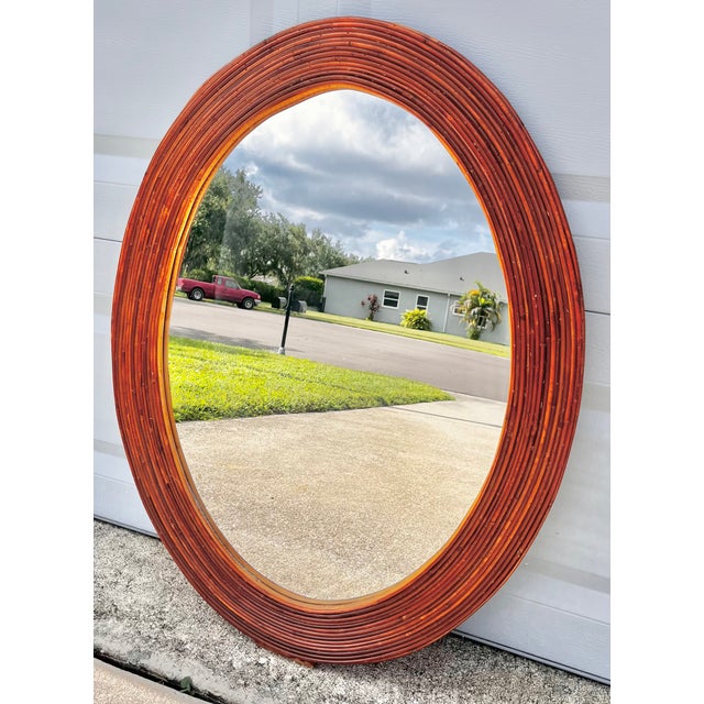 Mid Century Modern Oval Rattan Split Reed Wall Mirror | Attributed to Gabriella Crespi For Sale - Image 11 of 14