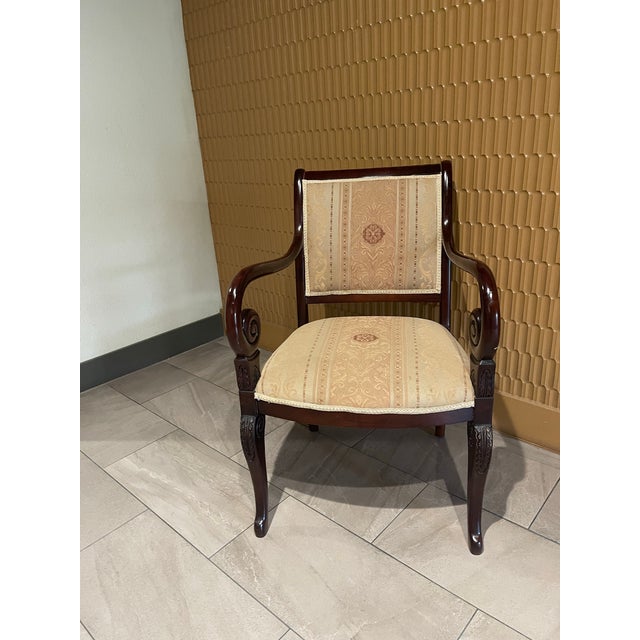 Wood Late 20th Century Empire Revival Faiteuil Carved Mahogany & Brocade Armchair For Sale - Image 7 of 11