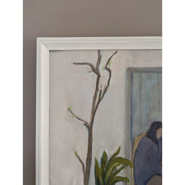 Textile Mid-Century Modern "Afternoon Conversations" Vintage Figurative Oil Painting - Framed For Sale - Image 7 of 10