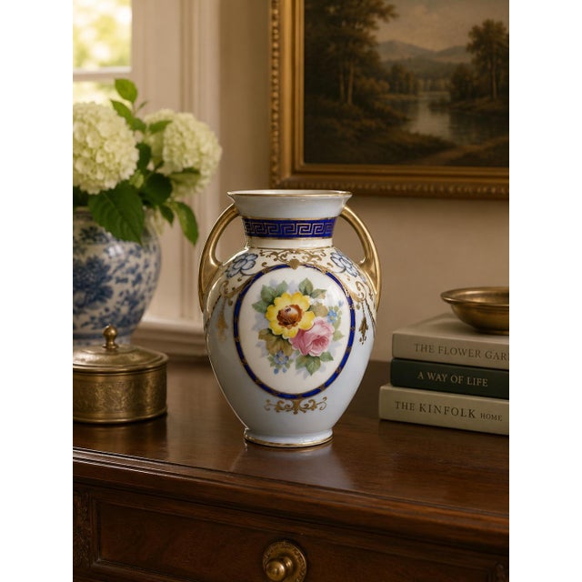 Antique Morimura Bros. Nippon Double-Handled Porcelain Vase - Hand-Painted Floral For Sale - Image 11 of 11