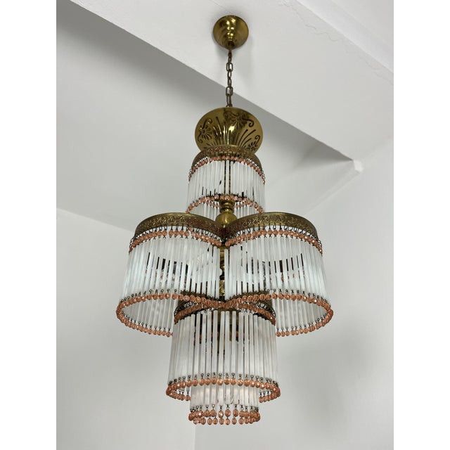 Gold Art Deco 4-Light Chandelier in Brass and Glass, 1940s For Sale - Image 8 of 8