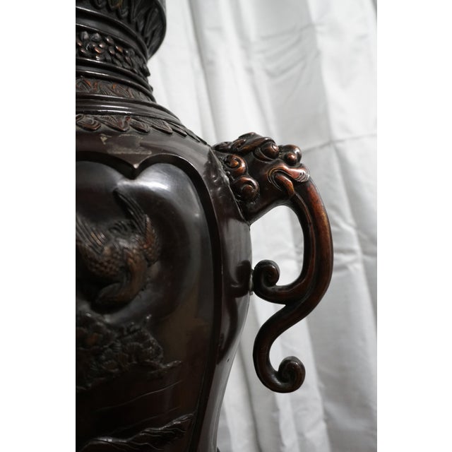 Monumental Japanese Patinated Bronze Crane Floor Vase With Shishi Lion Handles | Meiji Style For Sale - Image 12 of 12