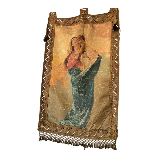 19th Century Italian Religious Banner Mary Jesus Oliograph With Tassels For Sale