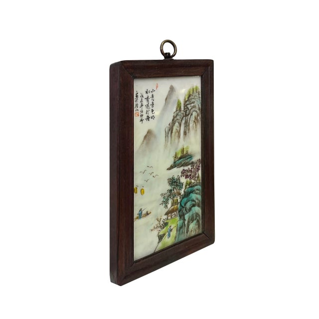 Chinese Chinese Wood Frame Porcelain Mountain Tree Scenery Wall Plaque Panel For Sale - Image 3 of 5