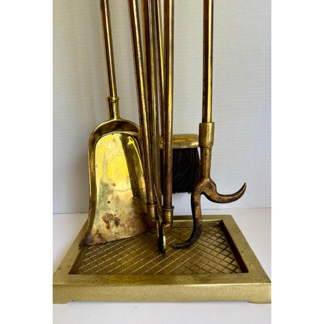 Neoclassical Vintage Brass Five-Piece Fireplace Tool Set With Ball Finial Handles For Sale - Image 3 of 12