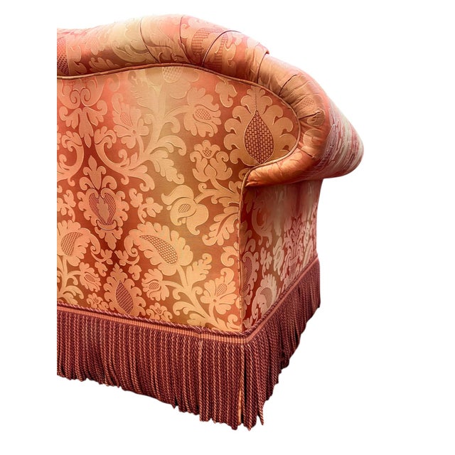 Salmon Kravet Furniture Coral Silk Damask Camelback Loveseat With Bullion Fringe For Sale - Image 8 of 14