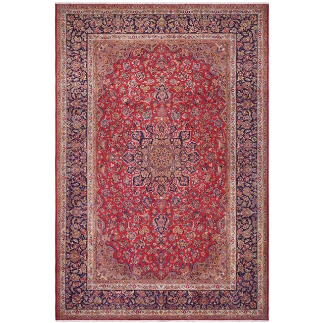 Persian Vintage Kashan Red/Blue Wool Rug - 9'6'' X 13'8'' For Sale - Image 10 of 10