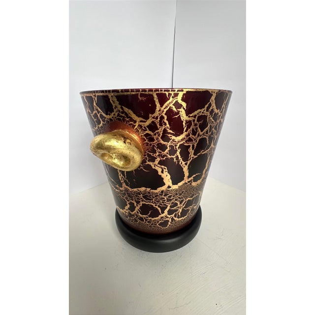 Hollywood Regency Vintage Italian Wine Red & Gold Splatter Ice Bucket, Hollywood Regency Glass Barware, Burgundy 24k Gold Decor Neiman Marcus Style For Sale - Image 3 of 17