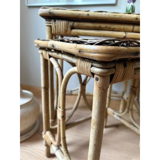 1960s Mid-Century Bohemian Woven Wicker & Rattan, Bamboo Sunburst Nesting Tables - Set of 2 For Sale - Image 4 of 9