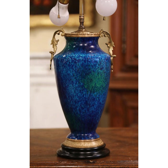 Mid-Century French Blue Glazed Ceramic and Bronze Urn Table Lamp For Sale In Dallas - Image 6 of 10