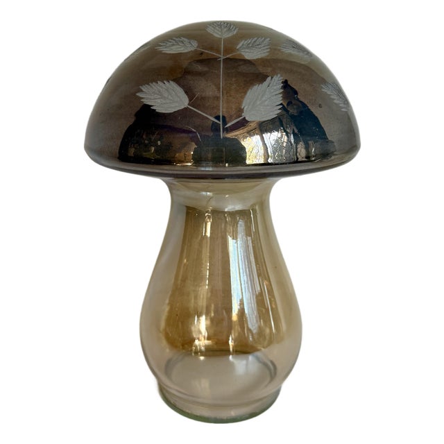 Vintage Etched Art Glass Mushroom Smoky Gray and Amber Decorative Glass Sculpture For Sale