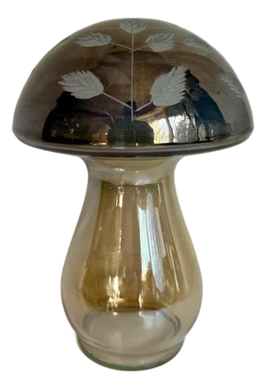 Vintage Etched Art Glass Mushroom Smoky Gray and Amber Decorative Glass Sculpture