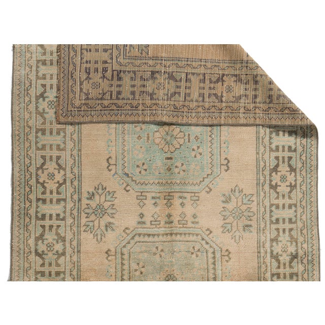 Vintage Circa 1940 Camel Turkish Oushak Hand Knotted Wool Runner 4ft 4in X 11ft 9in For Sale - Image 13 of 14