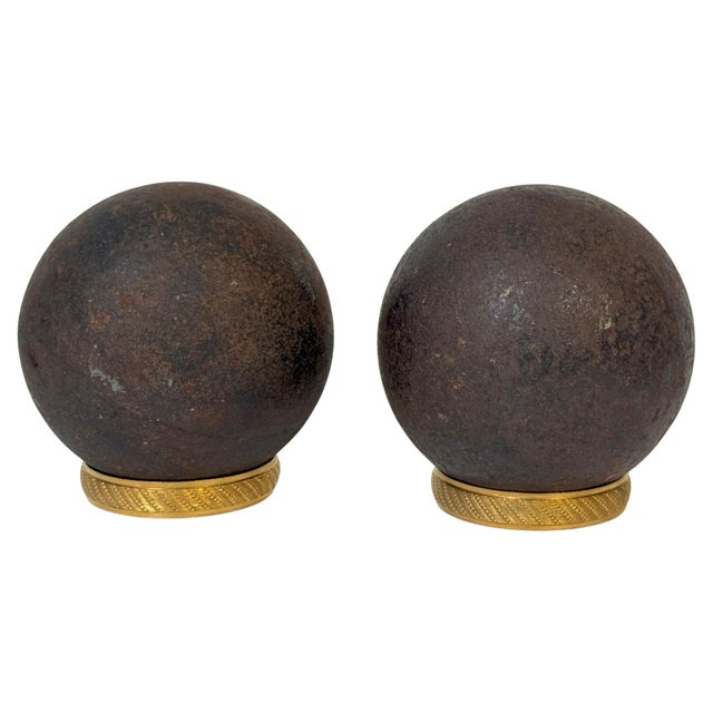 Metal Pair Confederate Civil War Cast Iron Cannonballs with Century Ormolu Mounts For Sale - Image 7 of 18