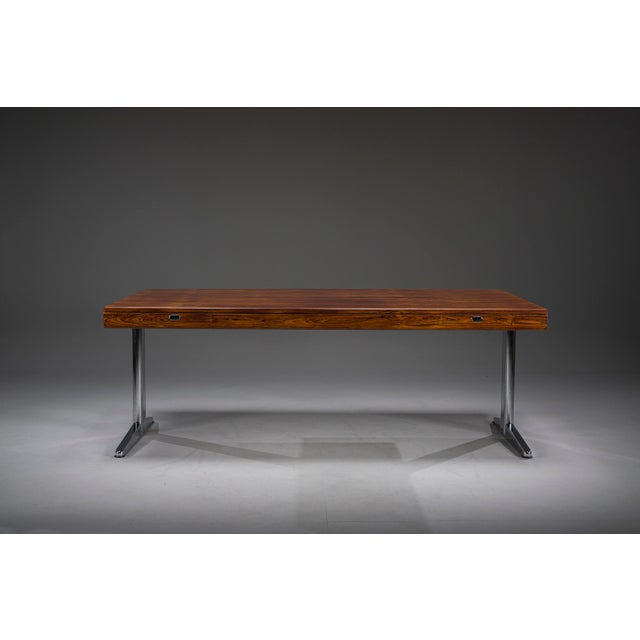 Executive Desk in Fine Hardwood Veneer on Nickel-Plated Steel Legs, 1970s For Sale - Image 6 of 18