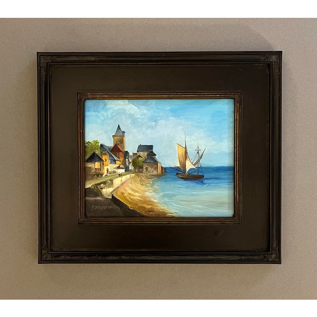 The School of Paris Oil Painting of an Early Netherlandish River Scene For Sale - Image 3 of 3