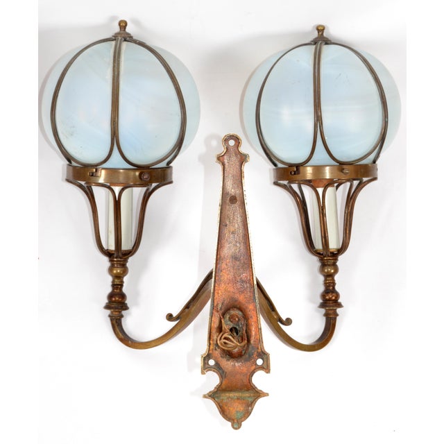 1920s Pair Art Deco French Brass Blown Encased Art Glass Shades Sconces Wall Lamps For Sale - Image 10 of 12