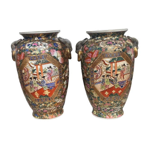 Chinese Late 20th Century Chinese Hand-Painted Porcelain Urn Vases With Bull Head Handles Design - a Pair For Sale - Image 3 of 12