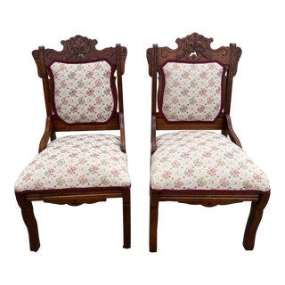 Antique Eastlake Victorian Carved Pierced Walnut Upholstered Side Chairs on Curved Front Legs and Castor Feet- a Pair For Sale