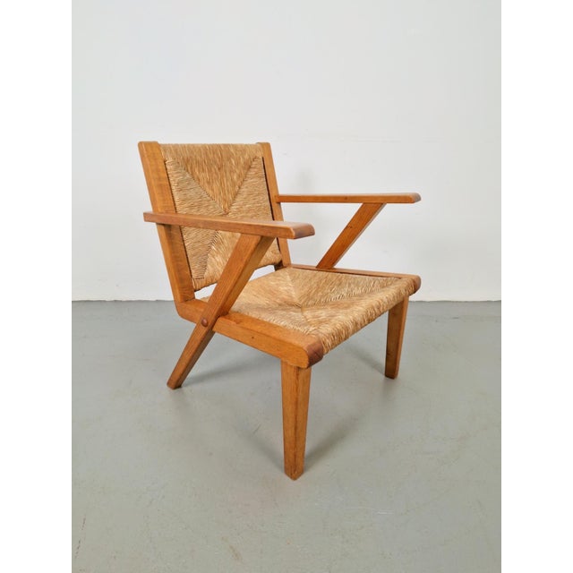Dutch Modernist Brutalist Wooden Armchair with Rush Seat, 1940s For Sale - Image 12 of 12