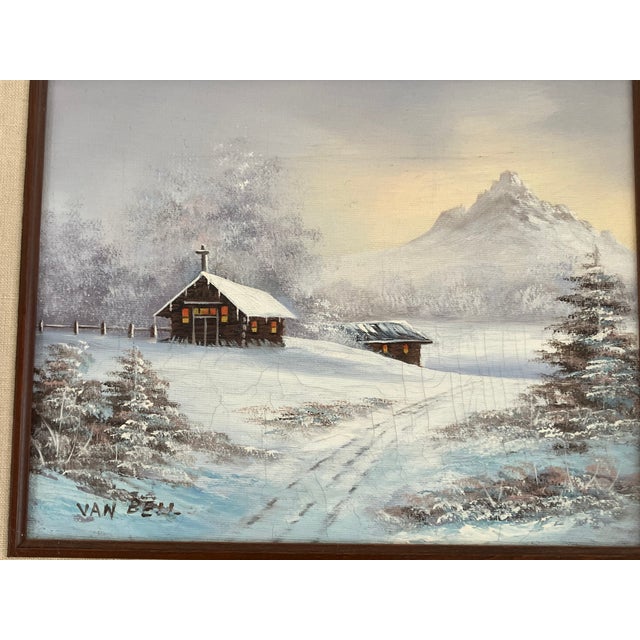 American Small Vintage Winter Landscape Oil Painting by Van Bell For Sale - Image 3 of 11