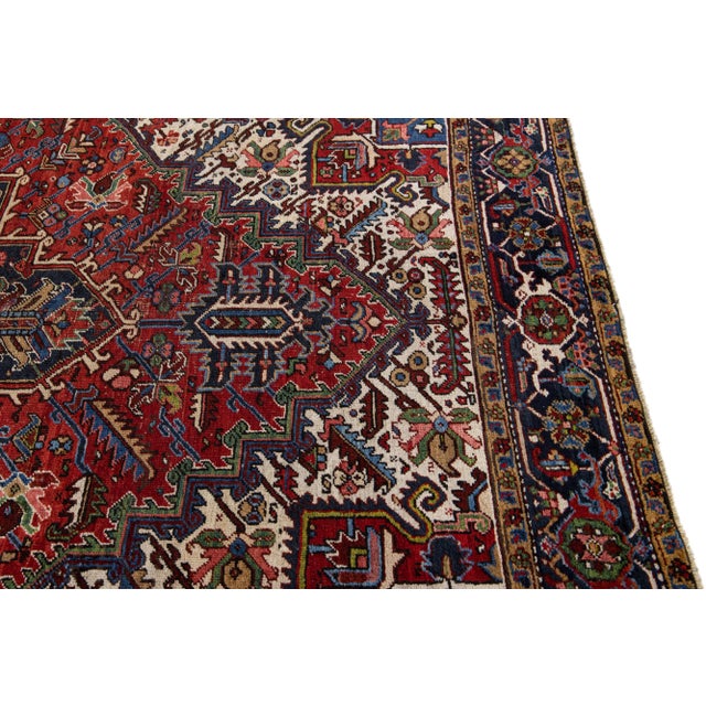 Red Antique Persian Heriz Handmade Wool Rug With Medallion Motif For Sale - Image 9 of 13