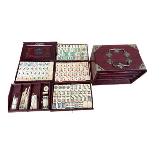 Vintage Chinese Mahjong Set, Bone & Bamboo Tiles, 5-Drawer Rosewood Case With Brass Hardware For Sale