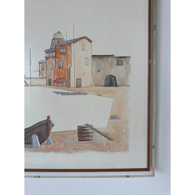 Beige 1970's Martik Modernist Mediterranean Landscape With Old Town & Boats Oil Painting, Framed For Sale - Image 8 of 12