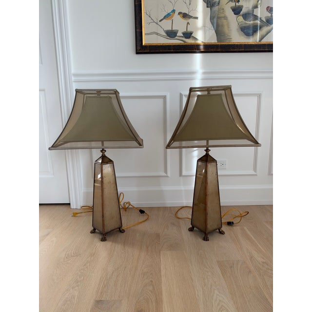 French Neoclassical Mid-Century Antiqued Mirror Obelisk Table Lamps With Gilt Paw Feet - Pair For Sale - Image 3 of 10