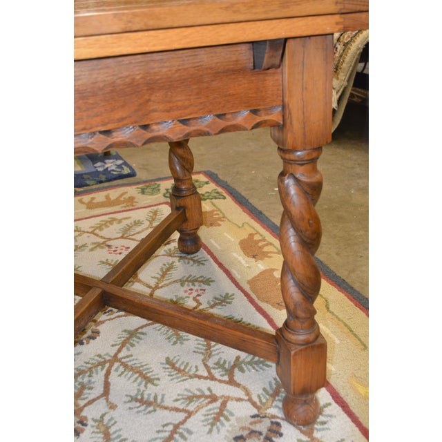 Early 1900’s English Oak Barley Twist Draw - Leaf Dining Pub / Tavern Extending Table For Sale - Image 9 of 16