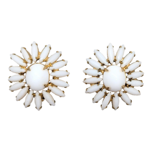Vintage Signed Napier Goldtone White Rhinestones Daisy Clip Earrings, 1964-2 Pieces