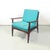 European mid-century modern armchairs in light blue fabric and wood, 1960s Pair of armchairs with squared seat and back,...