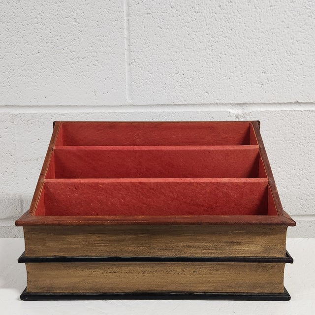 Vintage Faux-Book Desk Set Ensemble – Tiered Letter Organizer & Letter Paper Tray in Old-World Library Style -Set of 2 For Sale - Image 10 of 12