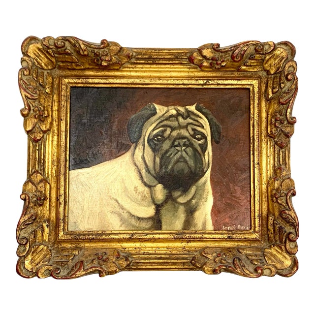 Vintage Painting Pug Dog Oil on Canvas in Golden Leaf Frame For Sale