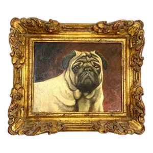 Vintage Painting Pug Dog Oil on Canvas in Golden Leaf Frame