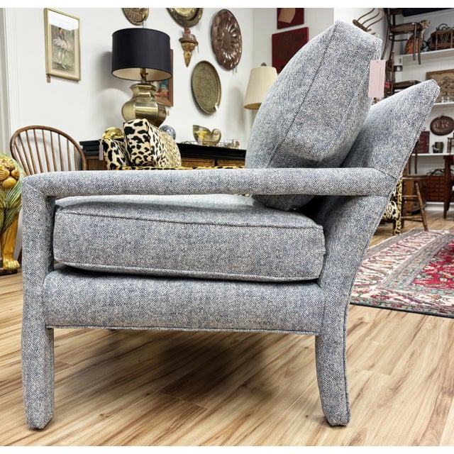 Newly Upholstered Vintage MCM Parsons Chair in Blue Tweed For Sale In Kansas City - Image 6 of 7