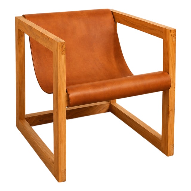 Handcrafted Suspended Leather Lounge Chair in Solid Wood For Sale