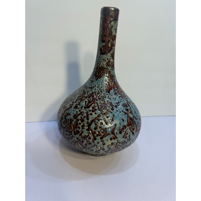Mid‑Century European Textured Ceramic Vase – Teal & Brown Volcanic Glaze For Sale - Image 13 of 16