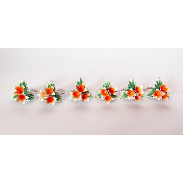 Metal Vintage Tole Flower Napkin Rings- Set of 6 For Sale - Image 7 of 8