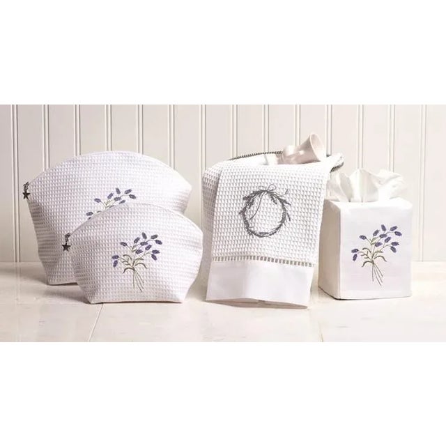 Traditional Blue Scallop Guest Towel White Waffle Weave, Ladder Lace, Embroidered For Sale - Image 3 of 5